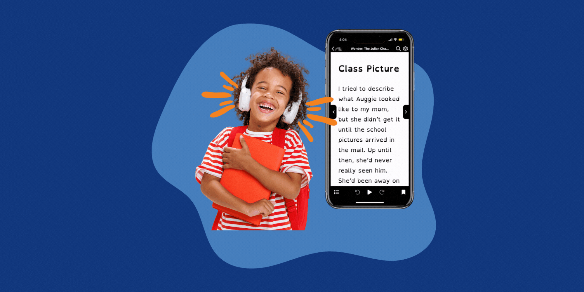 A young boy smiles while listens to headphones next to an image of a smartphone showing a book being read with word highlighting